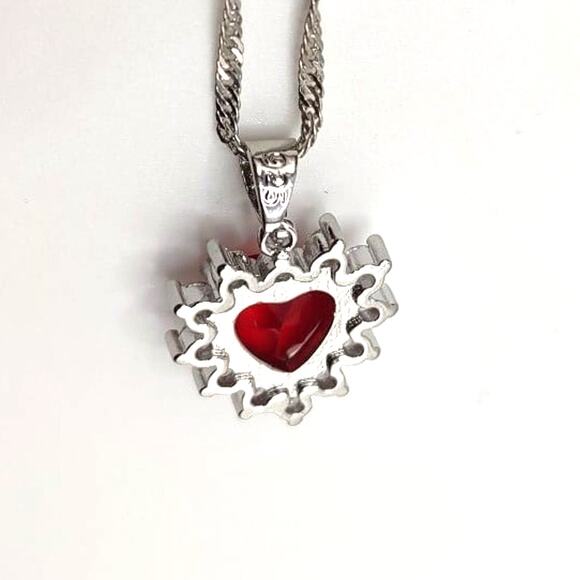 925 Silver Chain Heart Necklace Earring Set w/ Synthetic Ruby Diamonds Pendants - Picture 4 of 8